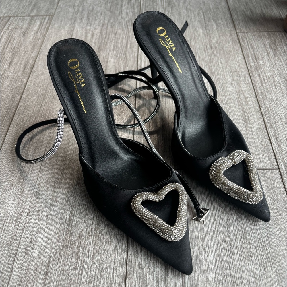 Olivia Black Satin Heels with Sparkling Silver Heart Accents